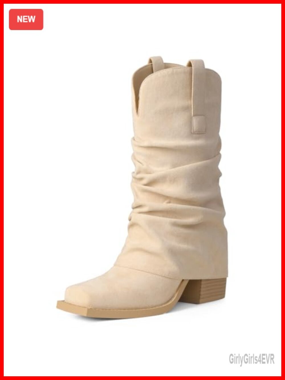 Women's Suede Mid Calf Western Cowboy Boots Square Toe Chunky Heel Slouchy